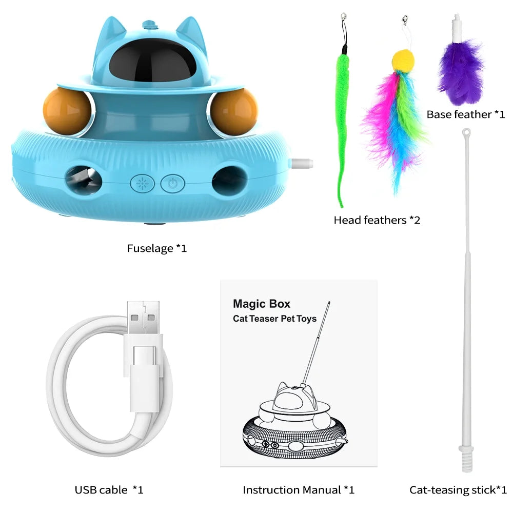 4 in 1 Indoor Interactive Cat Toy Smart Feather Wand USB Rechargeable Teaser Ball Blue