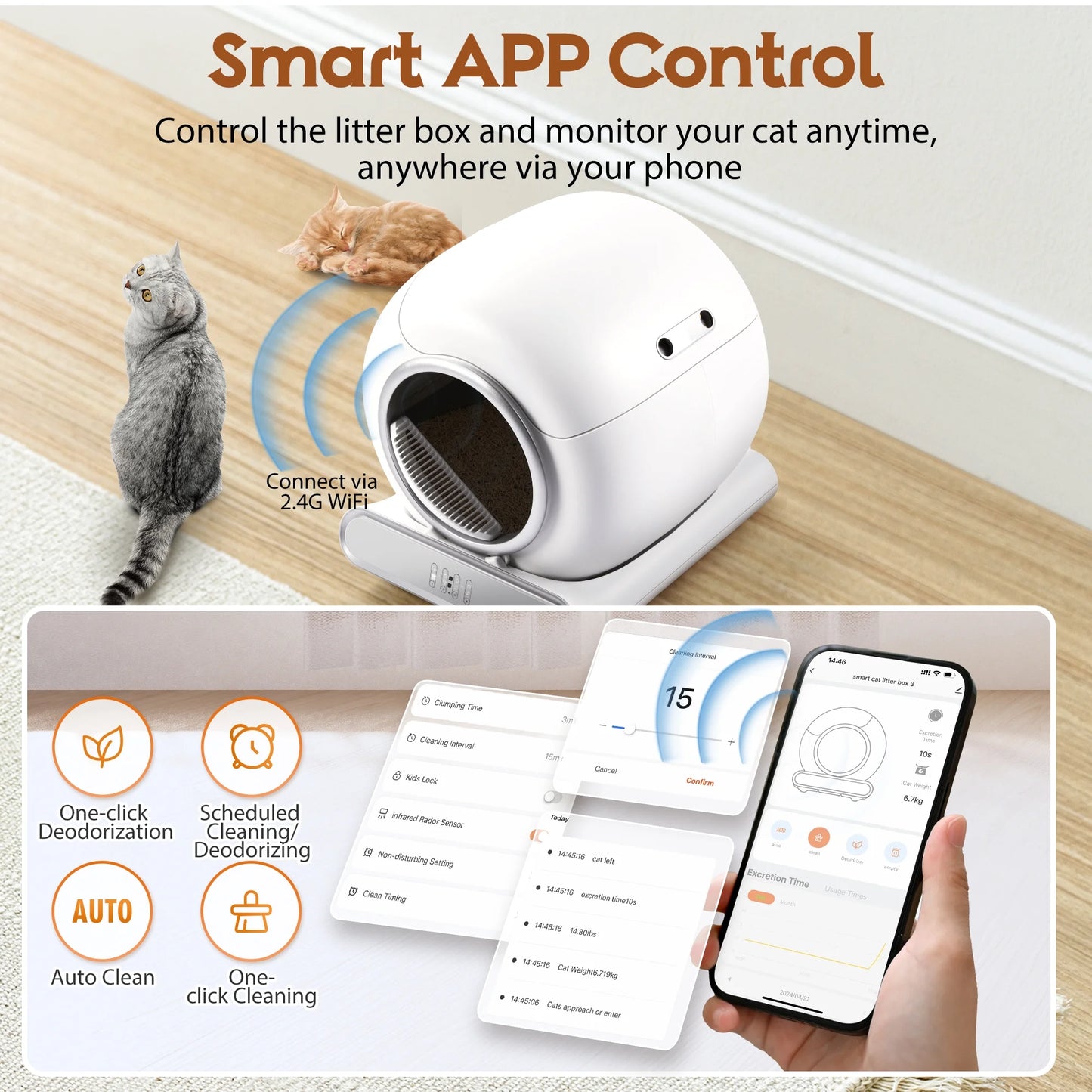 Self Cleaning Cat Litter Box, Automatic Litter Box W/ Liner, Dual Sensor Protection for Multi Cat, APP+ Panel Control, Odor Removal, Health Monitoring, Large Capacity Litter Box