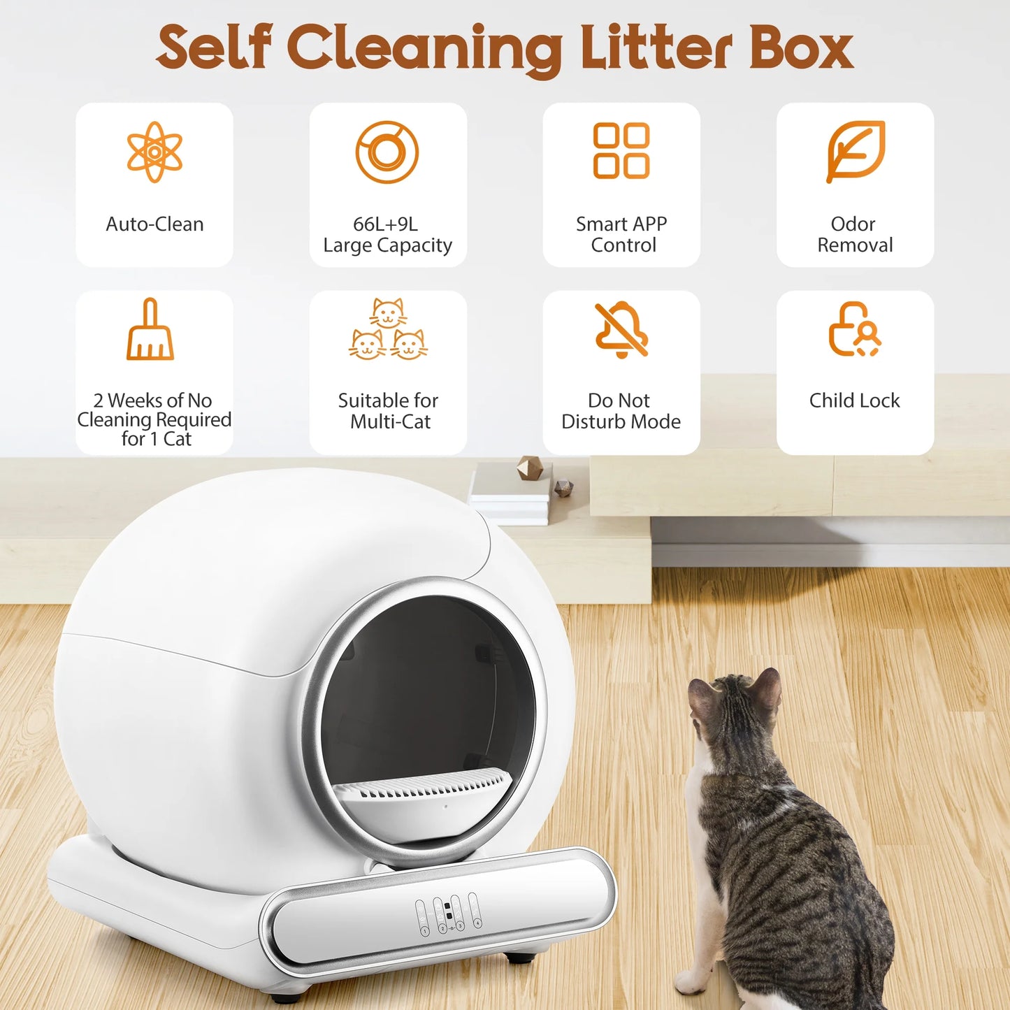 Self Cleaning Cat Litter Box, Automatic Litter Box W/ Liner, Dual Sensor Protection for Multi Cat, APP+ Panel Control, Odor Removal, Health Monitoring, Large Capacity Litter Box