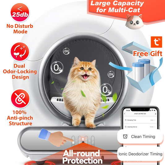 Self Cleaning Cat Litter Box, Automatic Litter Box W/ Liner, Dual Sensor Protection for Multi Cat, APP+ Panel Control, Odor Removal, Health Monitoring, Large Capacity Litter Box
