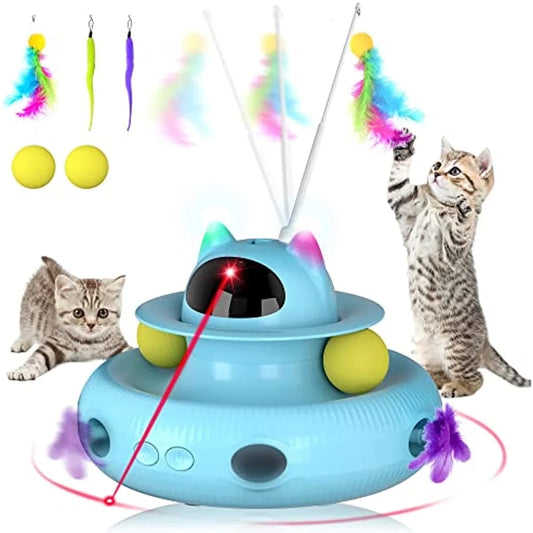 4 in 1 Indoor Interactive Cat Toy Smart Feather Wand USB Rechargeable Teaser Ball Blue