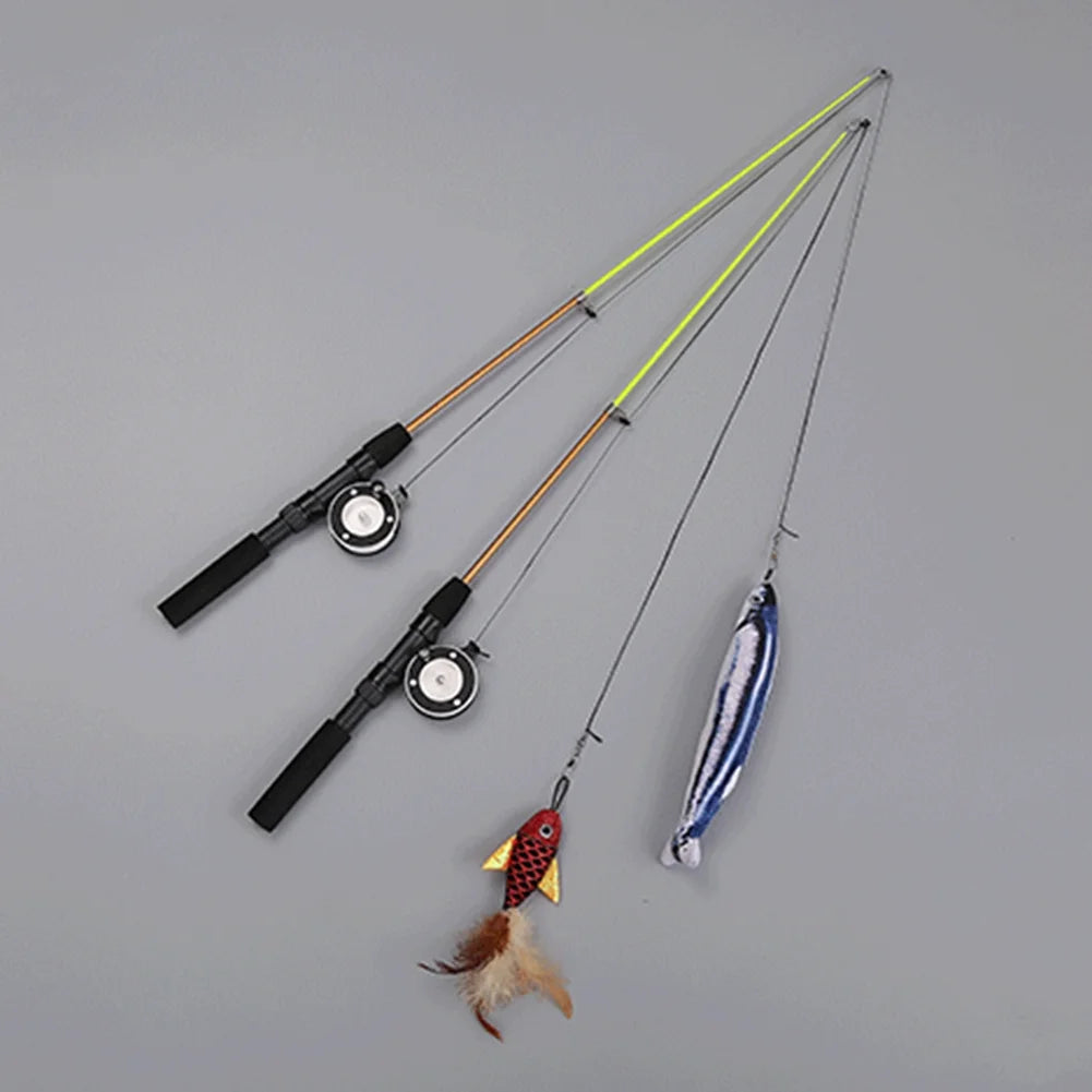 Cat Fishing Pole Toy, Retractable Wand Cat Toy with Reel, Cat Fishing Rod & Feather Toy, Interactive Cat Teaser Wand Toy for Indoor Cats