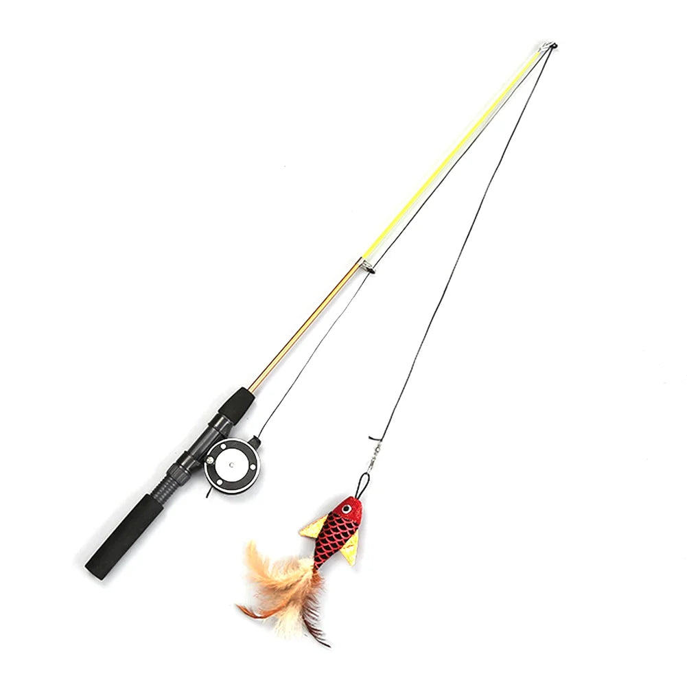 Cat Fishing Pole Toy, Retractable Wand Cat Toy with Reel, Cat Fishing Rod & Feather Toy, Interactive Cat Teaser Wand Toy for Indoor Cats
