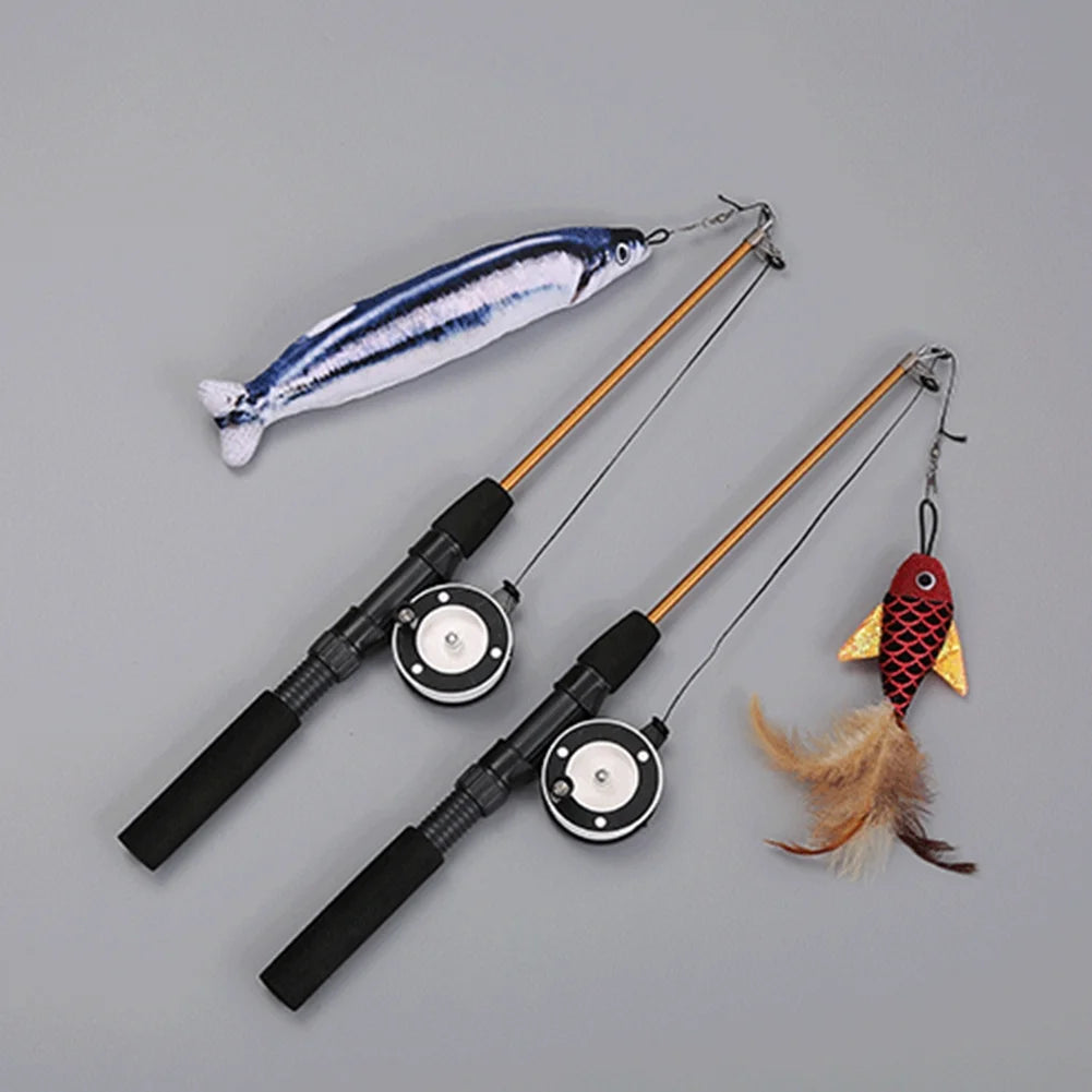 Cat Fishing Pole Toy, Retractable Wand Cat Toy with Reel, Cat Fishing Rod & Feather Toy, Interactive Cat Teaser Wand Toy for Indoor Cats